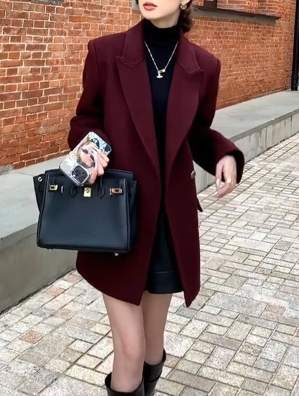 chouyatou Women's Winter Wool Trench Coat Blazer Jacket Notched Collar Dressy Mid Long Peacoat Outerwear