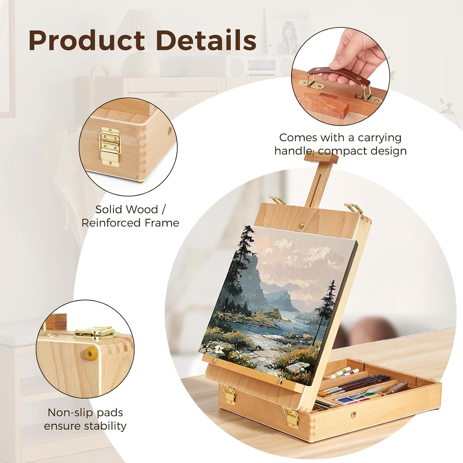 Wooden Tabletop Easel, Adjustable Sketch Box Easel with Storage Compartment