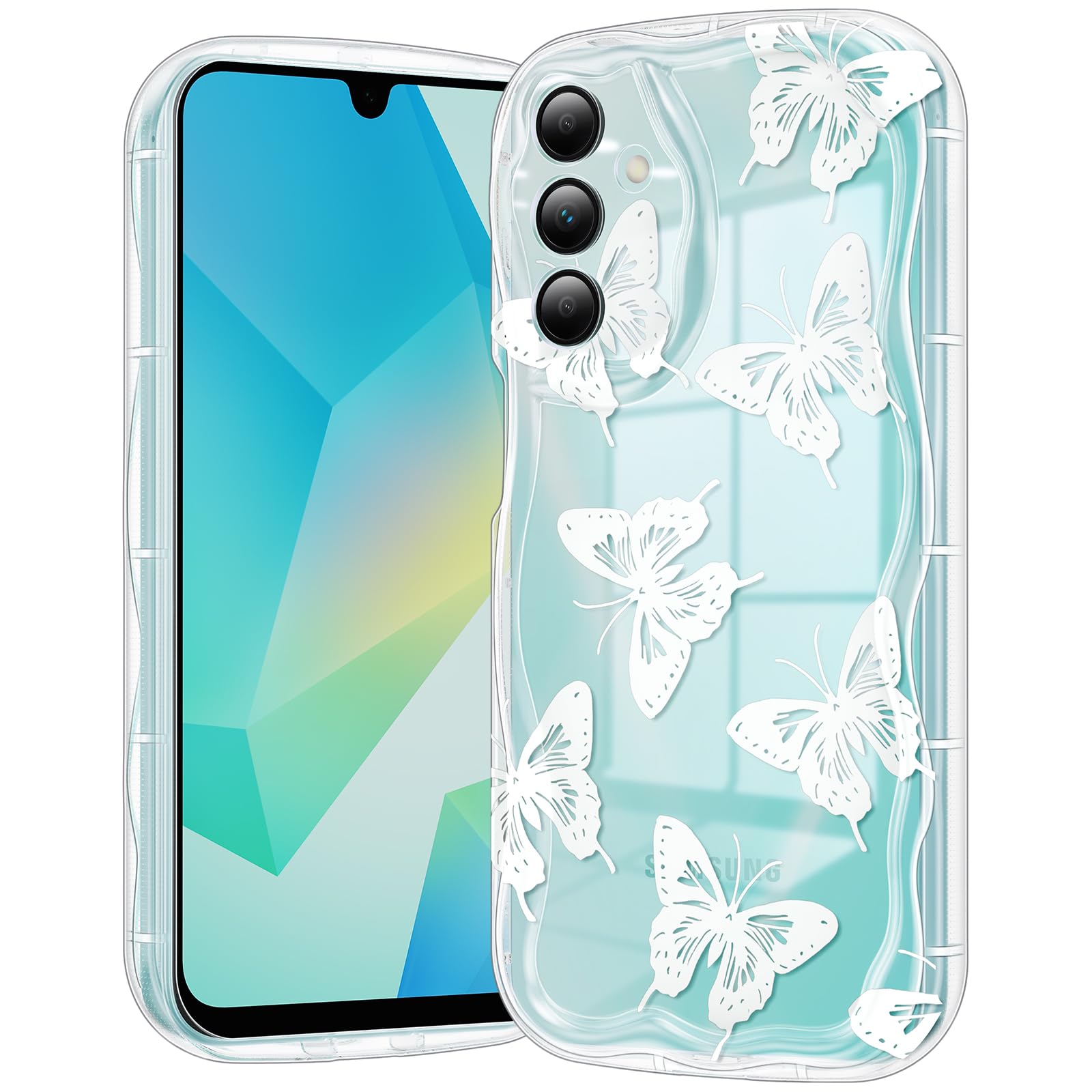CASBST Compatible for Samsung Galaxy A16 5G Case, Pretty Butterfly Print Three-dimensional Wave Clear Case for Girls Women, Soft Full Package Anti-fall Cover for Galaxy A16 5G, White Butterfly