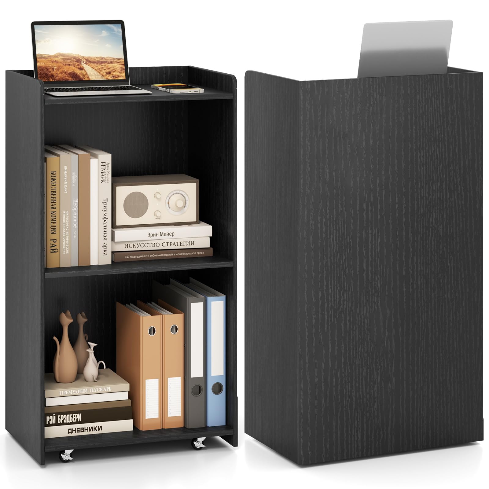 GIANTEX Podio - Leggio mobile con ruote bloccabili, supporto per podio in legno, per sala riunioni, scuola e chiese, 57,5 x 37 x 105 cm (nero)