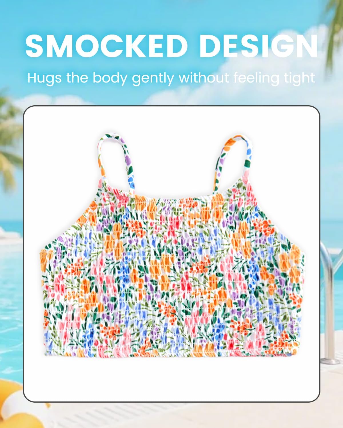 JiAmy Girls 3 Piece Bathing Suit Allover Printed Smocked Adjustable Straps Bikini Set with Skirt Swimwear 7-13 Years
