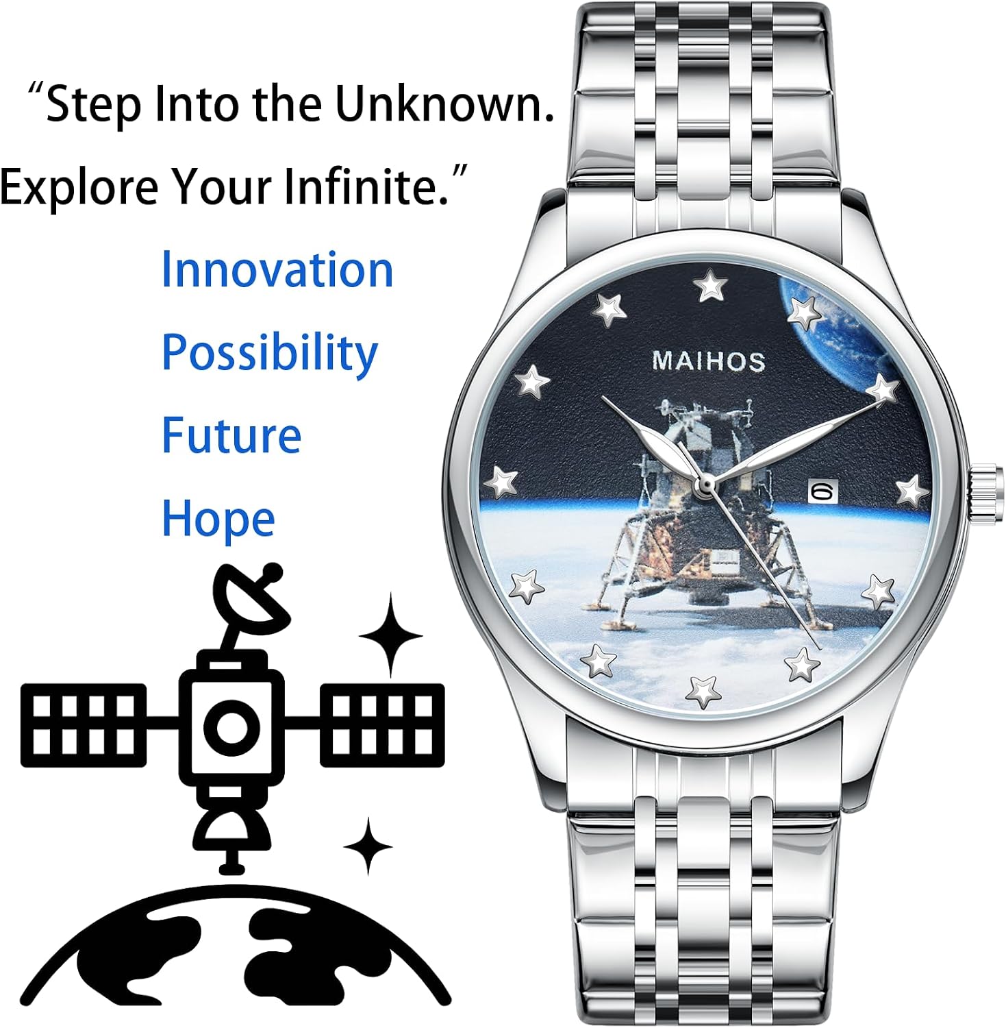 Men’s Watch, Sports Wacth Man Culture Themed Dial, Stainless Steel Casual Wrist Watch for Men, Luminous Hands, Date Display, Water-Resistant Analog with Mixed-Tone Bracelet