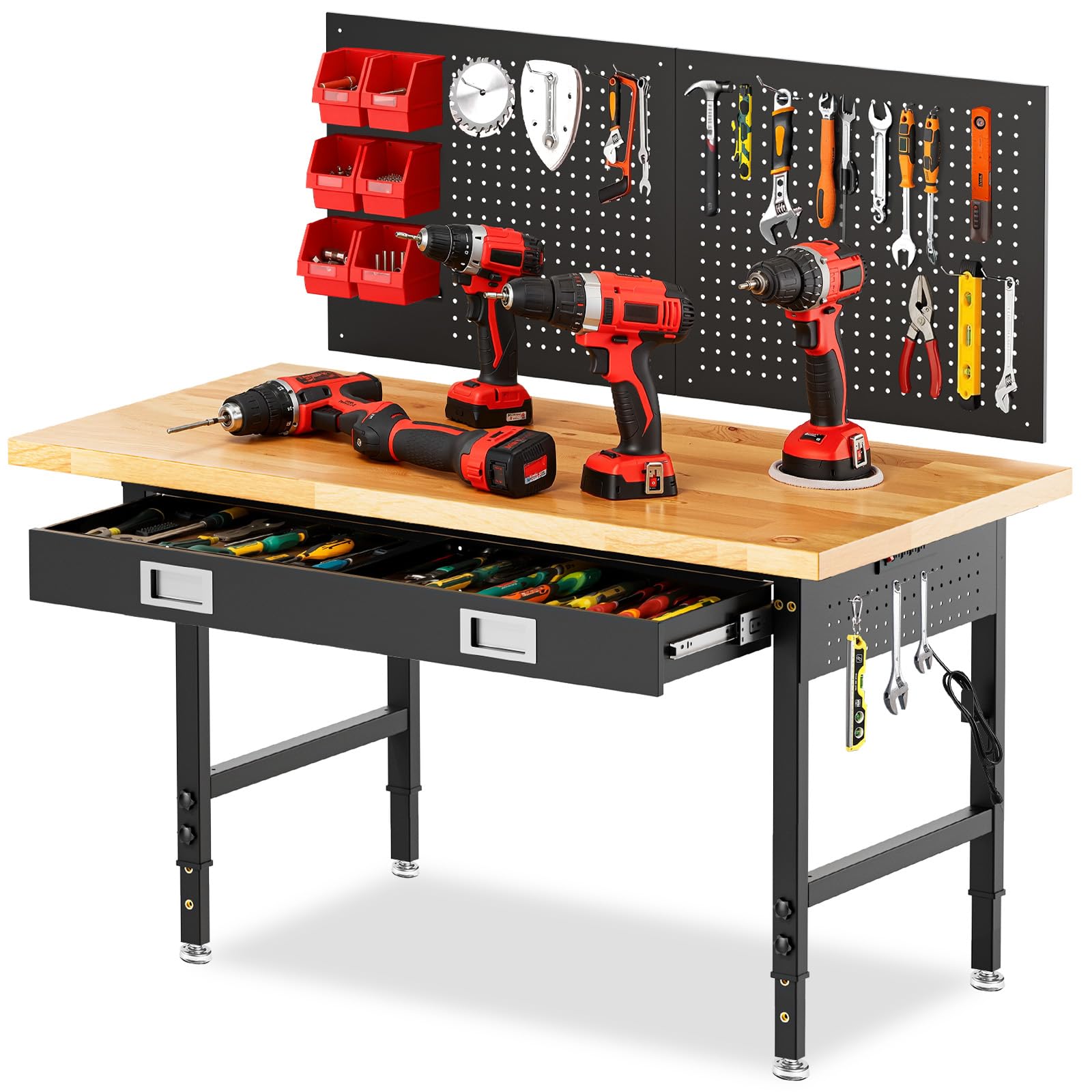 MUWOOD 60" Workbench with Drawers, Adjustable Height Work Table, 2000 LBS Heavy-Duty, Rubber Wood, Black, Steel