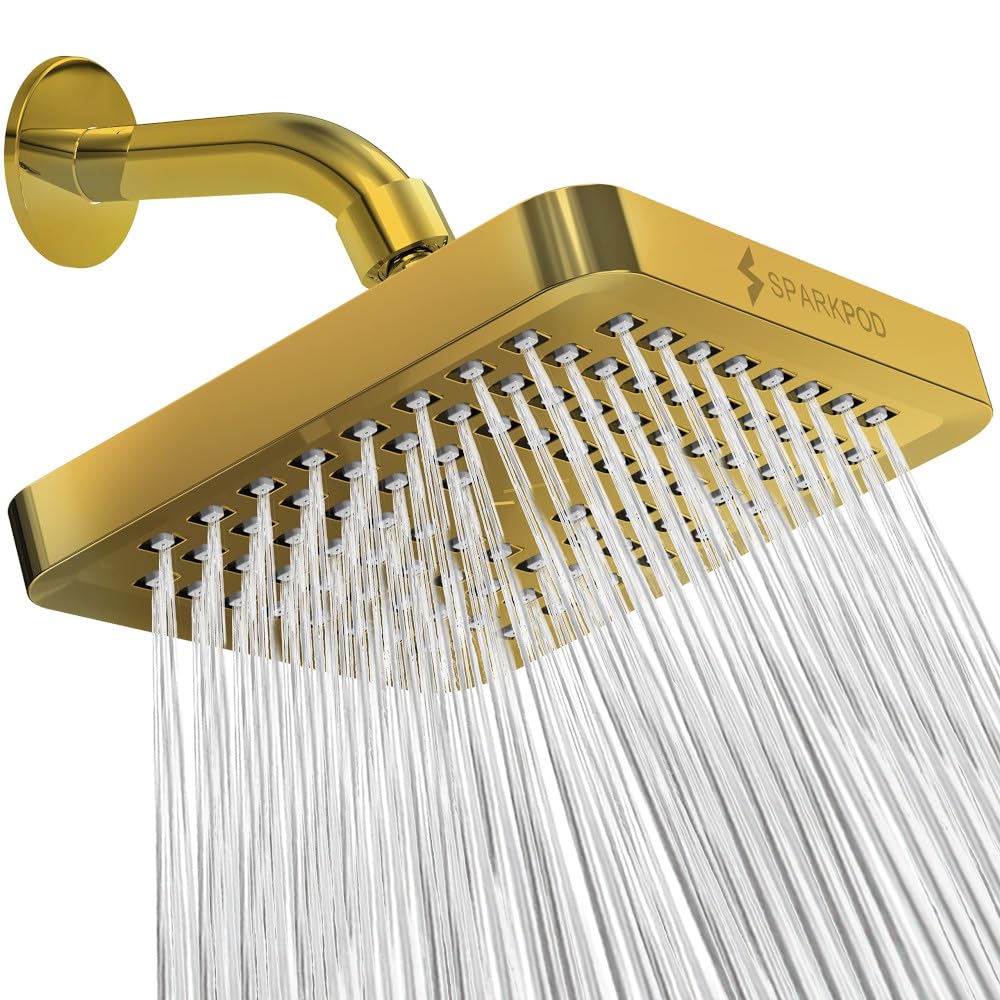 SparkPod Fixed Shower Head - High Pressure Rain - Luxury Modern Look - Easy No-Tool Installation - Perfect Adjustable Replacement for Your Bathroom Shower Heads (15 cm Square, Egyptian Gold)