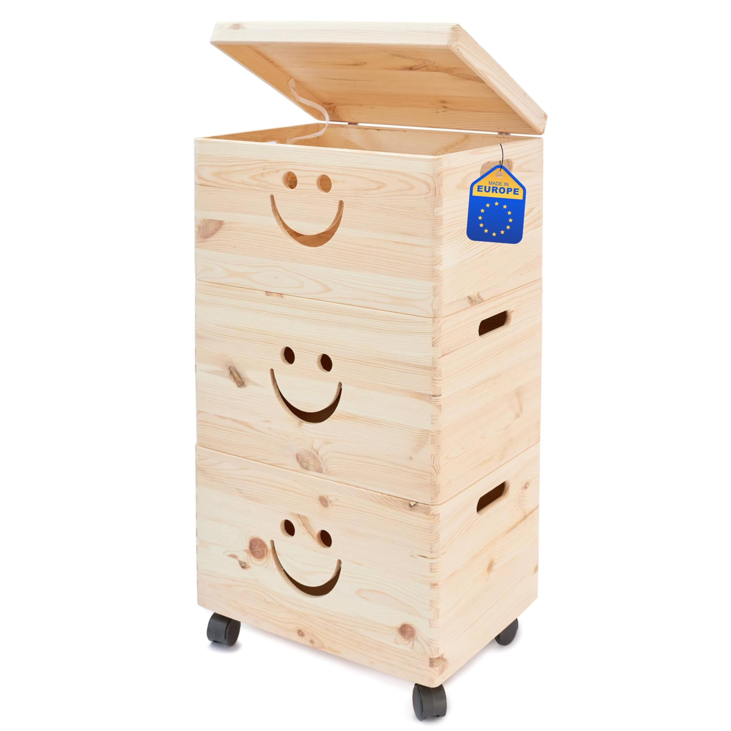 Pinus Spielzeugkiste 3er Set Lächeln mit Deckel 39x30x74cm stapelbar Rollen