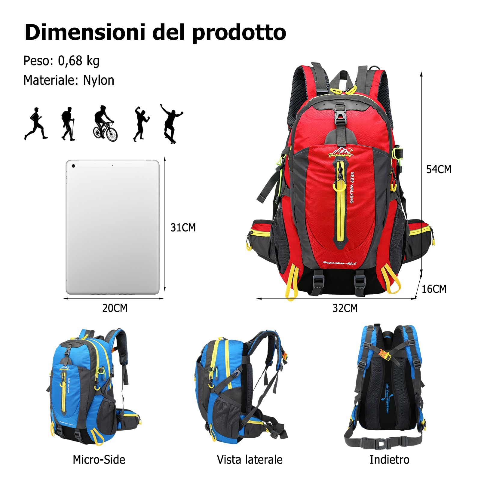 Zaino da Escursionismo 40L Zaino Giornaliero Traspirante Zaini Outdoor Impermeabile Backpack Resistente in Nylon per Campeggio Viaggi Rosso