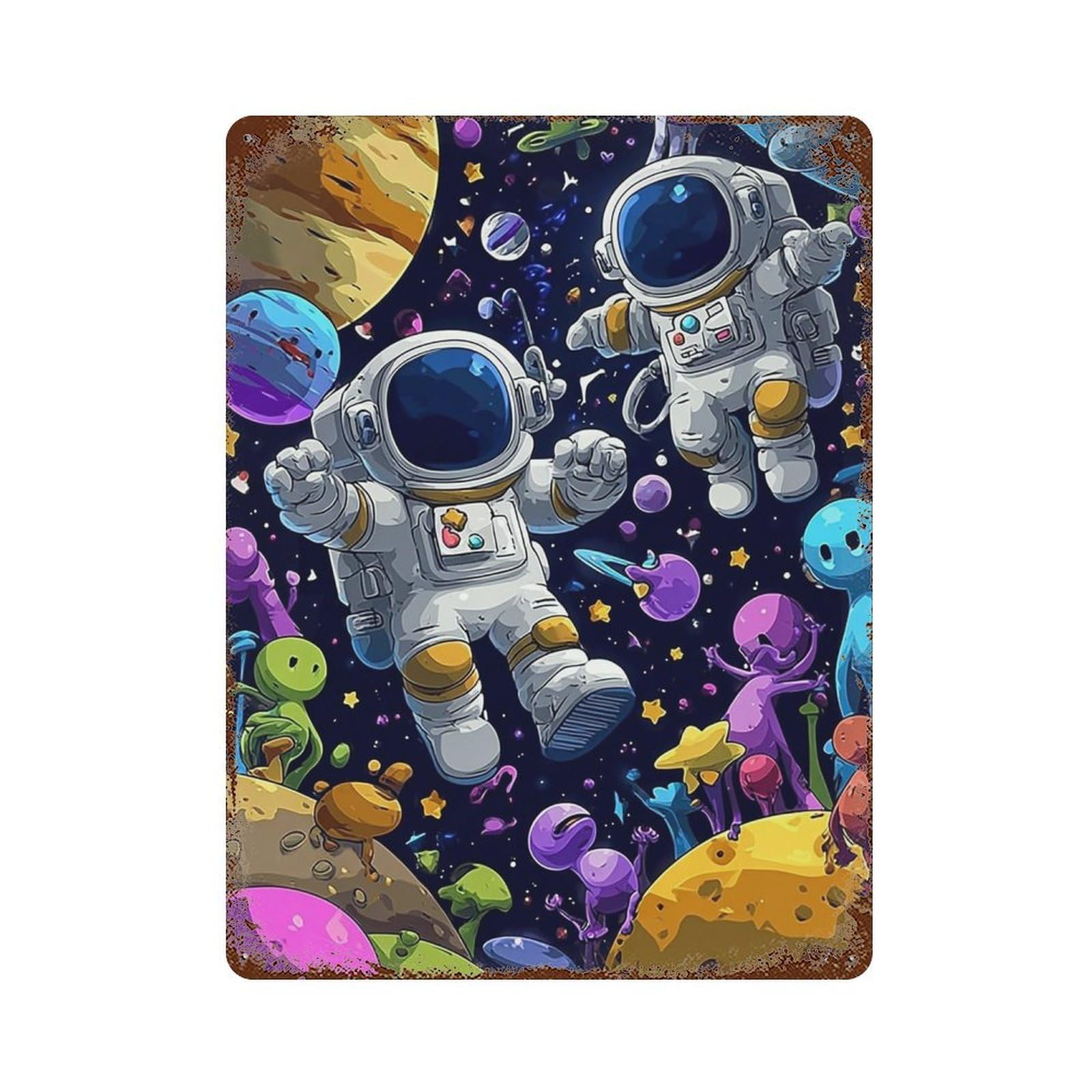 Weathered Tin Sign Space Adventure with Aliens 15.7"x11.8", Novelty Wall Decor for Basement, Hobby Room And Garage Decor