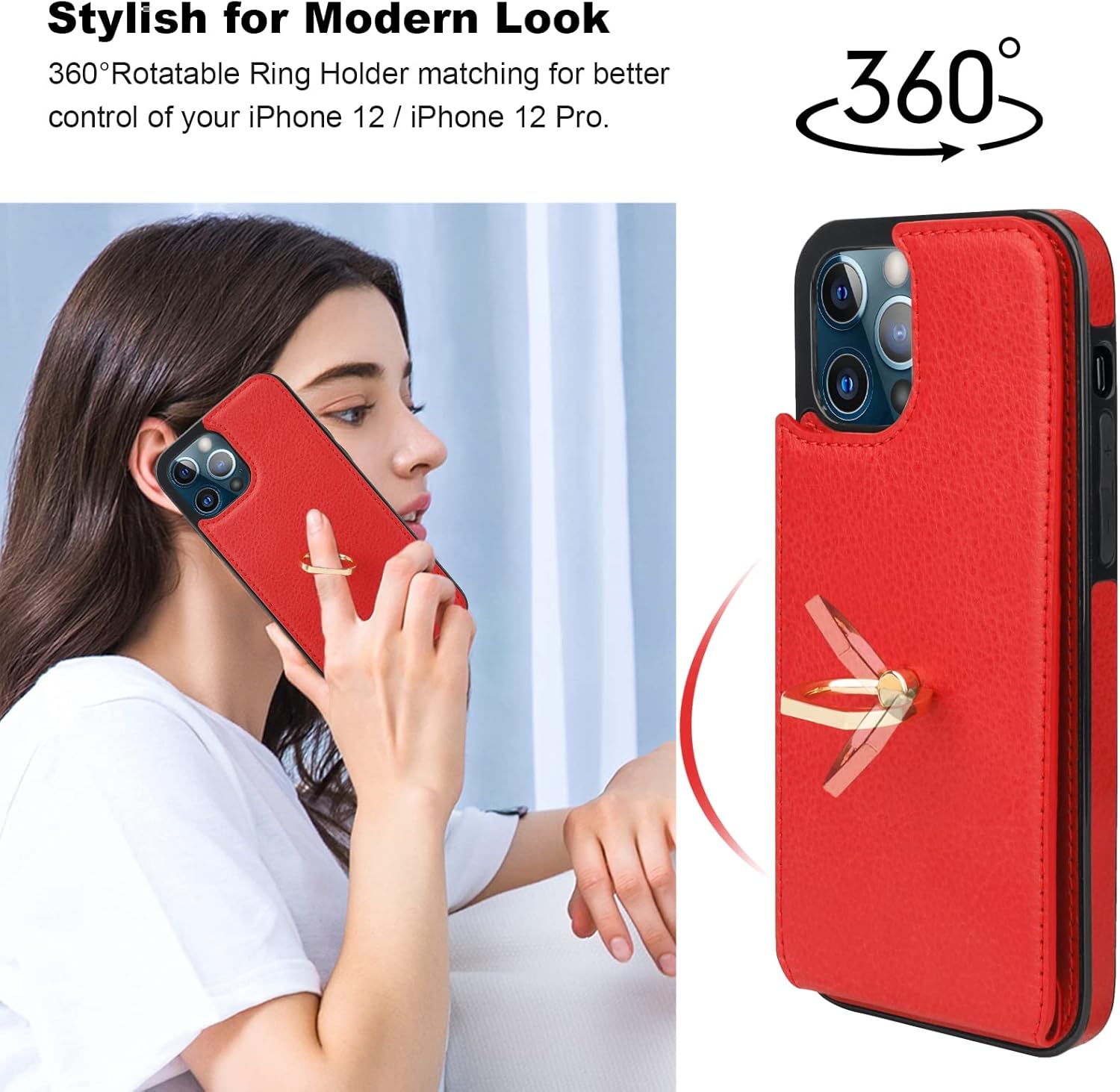 Folosu Compatible with iPhone 12/12 Pro Case Wallet with Card Holder, 360°Rotation Finger Ring Holder Kickstand Protective RFID Blocking PU Leather Double Buttons Flip Shockproof 6.1 Inch Red