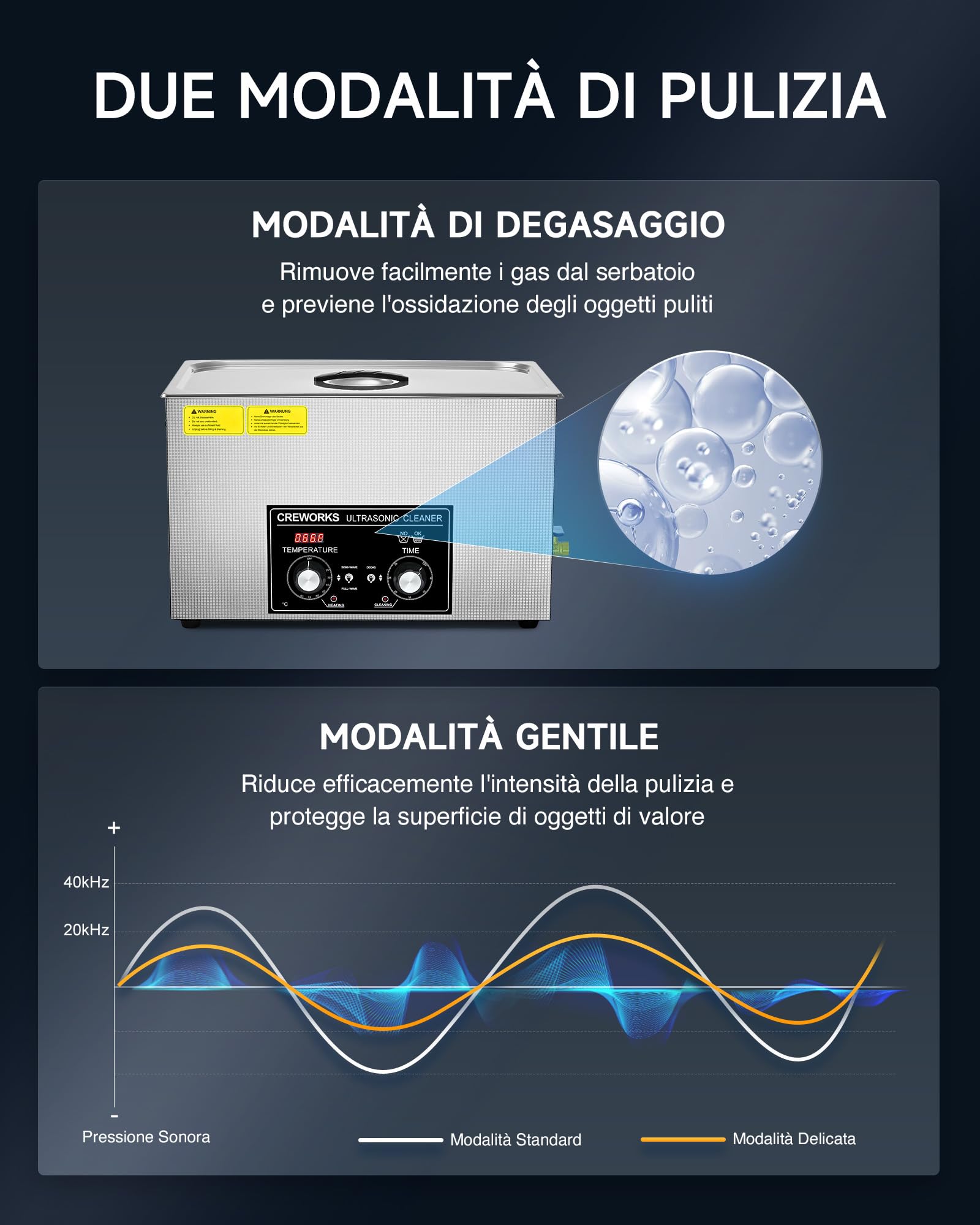CREWORKS 30L Vasca Ultrasuoni in Acciaio Inossidabile con Riscaldatore e Timer 600W Pulitore Ultrasuoni Industriale con Modalità Degas e Delicata per Casa Laboratorio Utensili