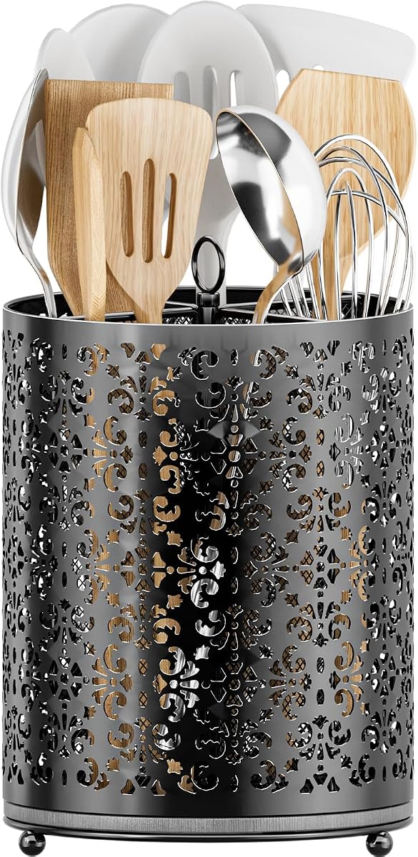 360° Rotating Utensil Holder: Extra Large Cooking Silverware Caddy QuickDry | Removable Base, 4 Compartments Hold 20+ Large Utensils Flatware Organizer with Handle for Kitchen Countertop Party, Black