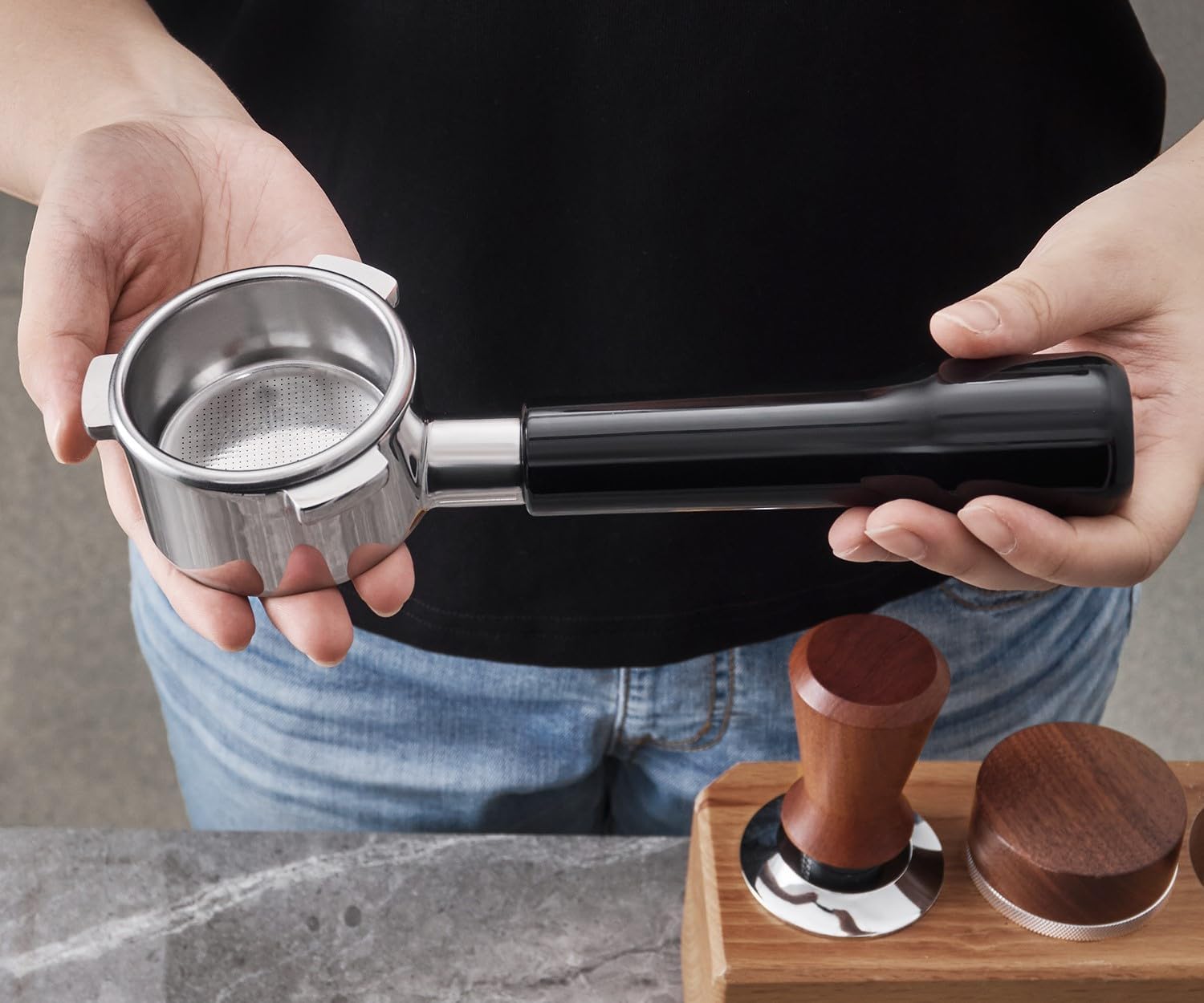 54mm Bottomless Portafilter - 3 Ears with Stainless Steel Filter Basket, Fits Breville Barista Express, Pro, Touch, Bambino Plus, Infuser (880BSS, 870XL, 878BSS, 500BSS, 840XL), Black