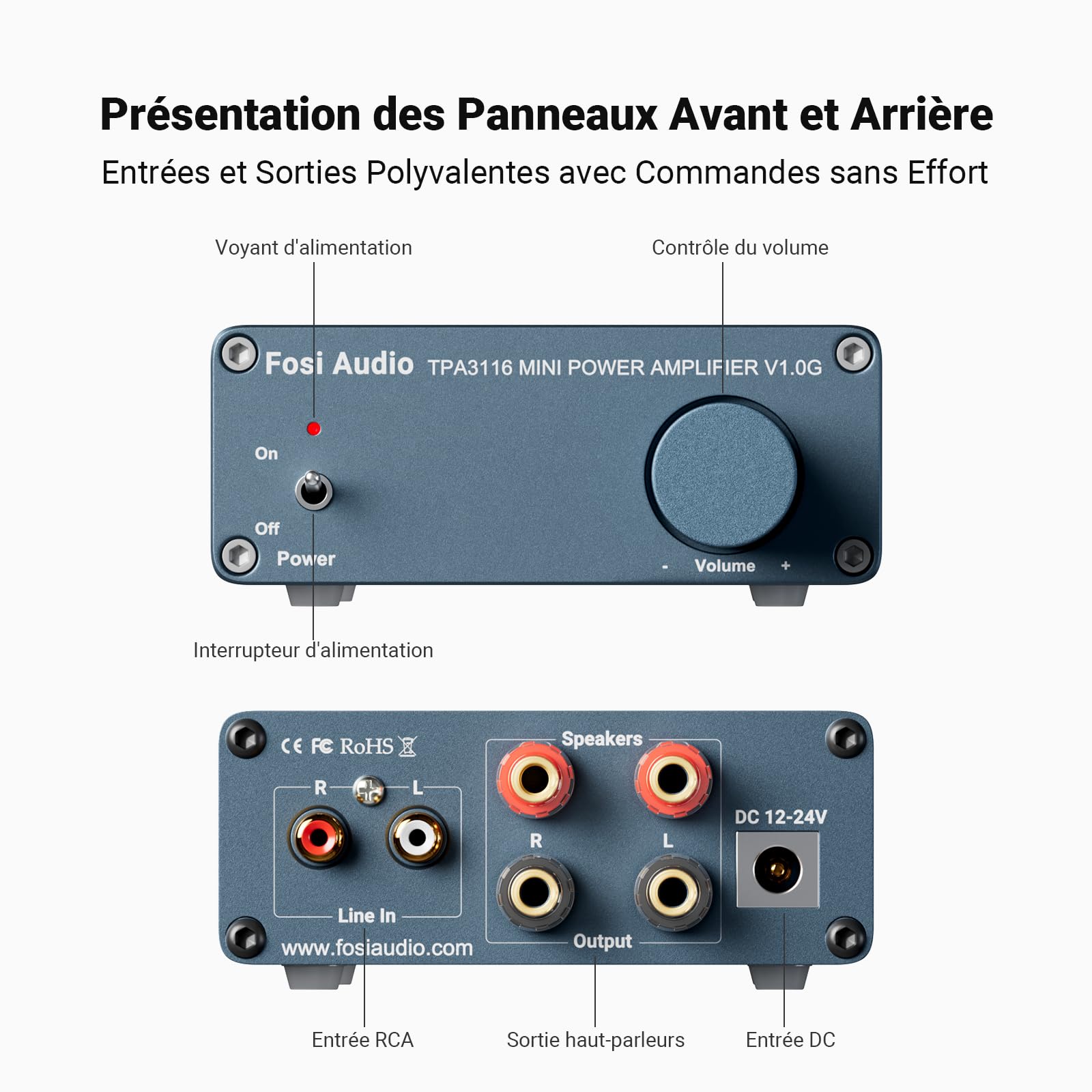 Fosi Audio V1.0G Amplificateur Audio 2 Canaux, 50 W x 2 Mini Amplificateur Stéréo Hi-Fi, Amplificateur de Puissance TPA3116 Intégré Classe D avec Contrôle pour Home Cinéma