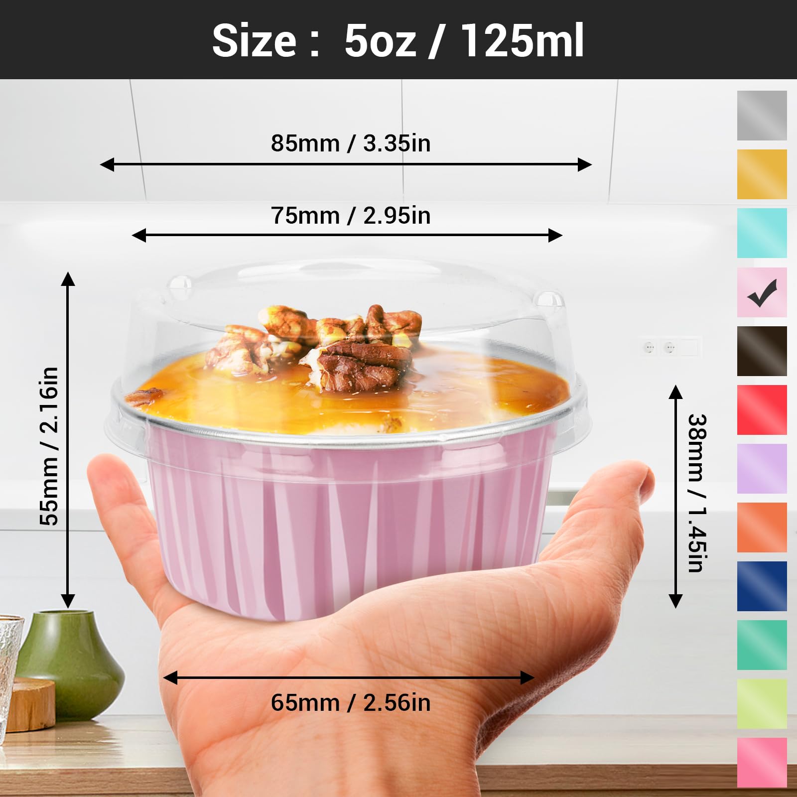 Eusoar Lot de 100 ramequins jetables 125 ml avec couvercles, ramequins à crème brulee, en aluminium pour gâteaux, moules à gâteaux, moules à pâtisserie 125 ml, rose.