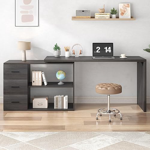 Miniatura 4 de HSH Escritorio para computadora en forma de L con cajones, escritorio en forma de L con estantes de almacenamiento, escritorio ejecutivo grande