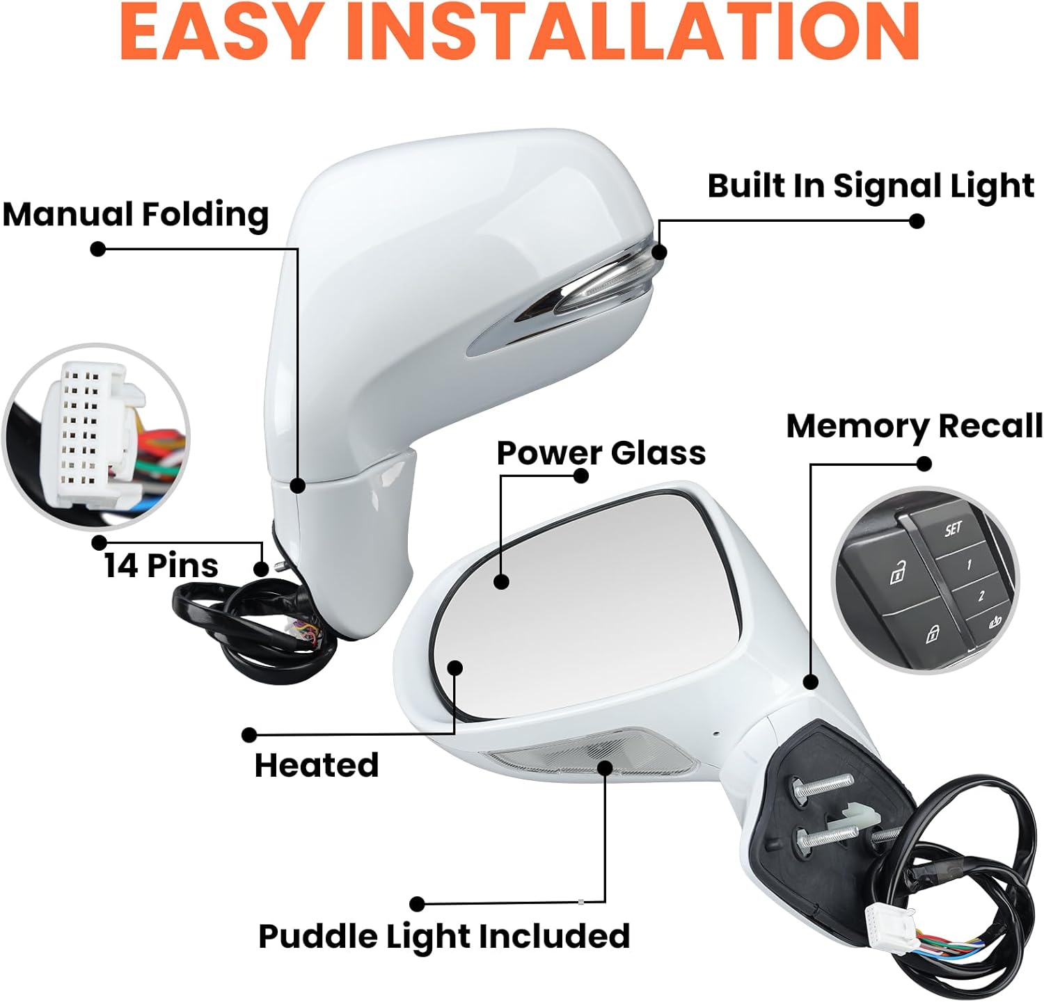 Left Driver Side Mirror Compatible With 2010 2011 2012 Lexus RX350 RX450H Mirrors with Mirror Memory Turn Signal Puddle Light Heated Power Glass Manual Folding White(14Pins)