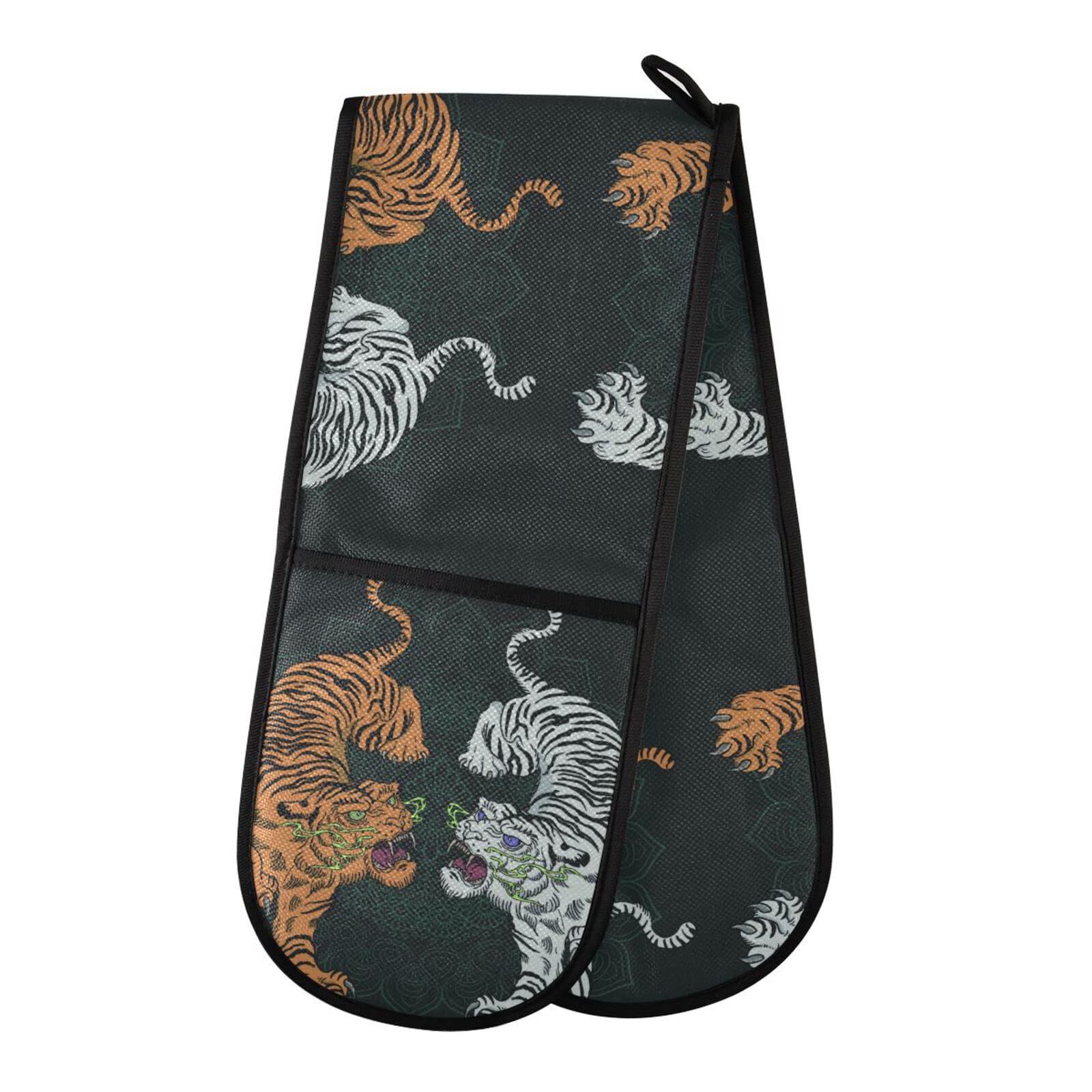 Double Oven Glove Animal Tiger Print Heat Resistant Double Ovens Mitt Modern Cooking Gloves Potholders