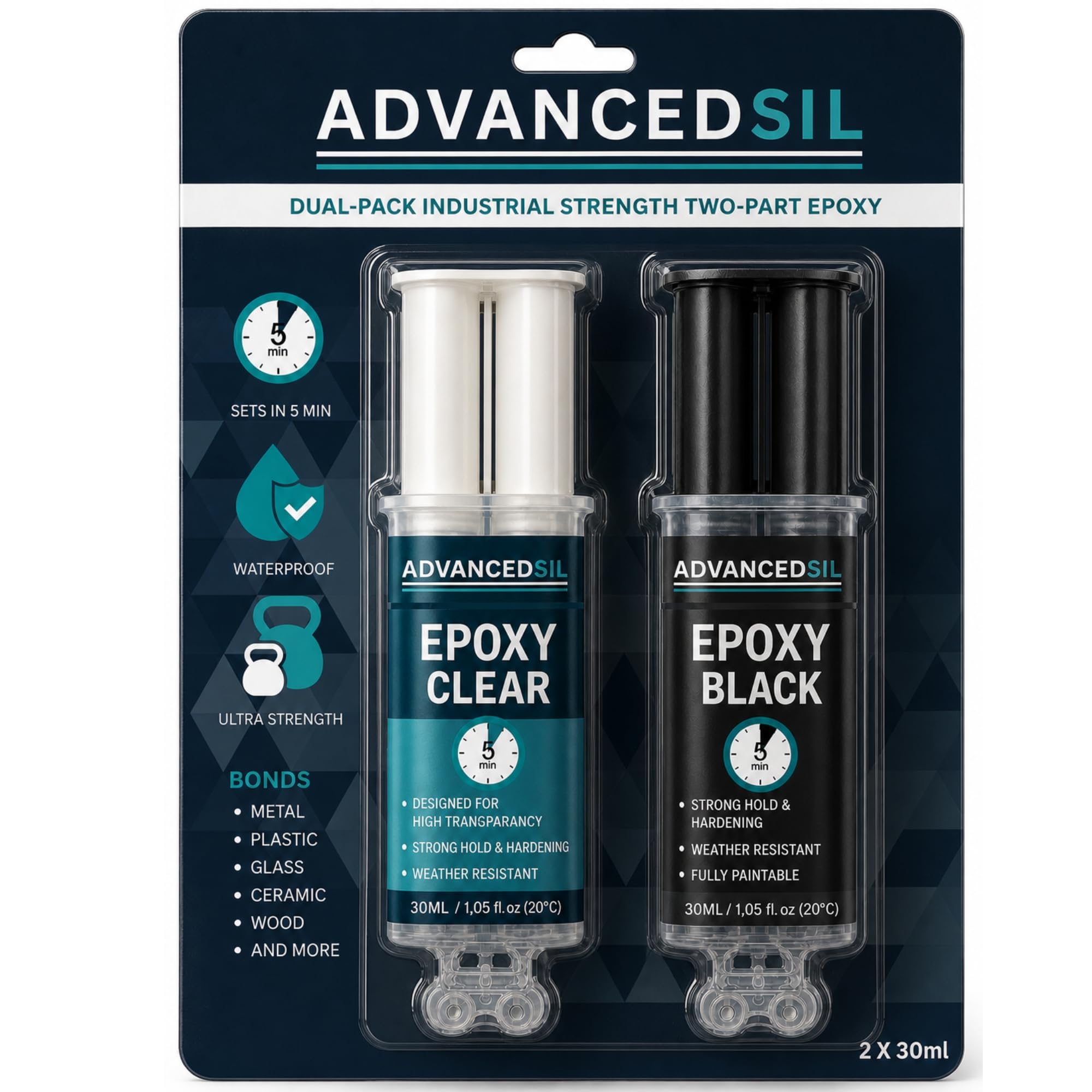 Epoxy Glue | Two Pack Clear and Black Epoxy Resin Glue | Fast Setting & Heavy Duty Repairs for Metal Plastic Wood Ceramic Glass Stone and More | 25ml