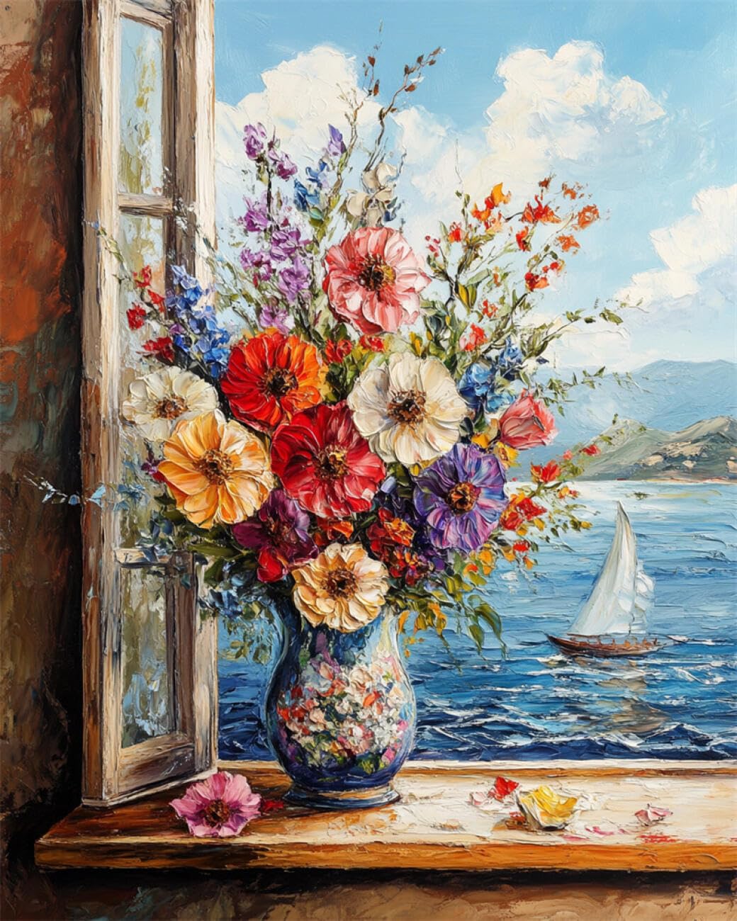 RKFLGEW 14CT Stamped Cross Stitch Kits Flowers and Seascape DIY Embroidery for Adults Beginner Needlework Kit with Patterns Needlepoint Art 40x50cm