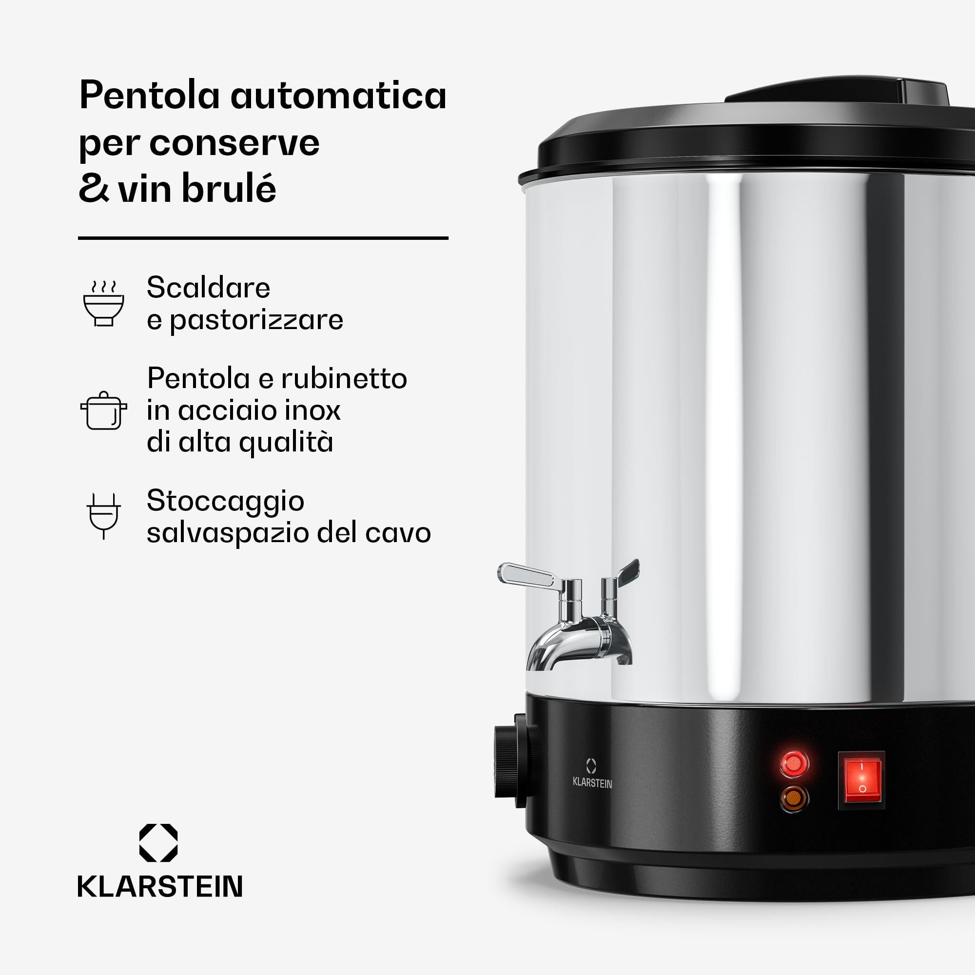 Klarstein Biggie Sterilizzatore Meccanico per Conserve 25 L in Acciaio Inox con Rubinetto in Acciaio Inox, 1800 W, 30–110 °C, Timer, Vin Brulé