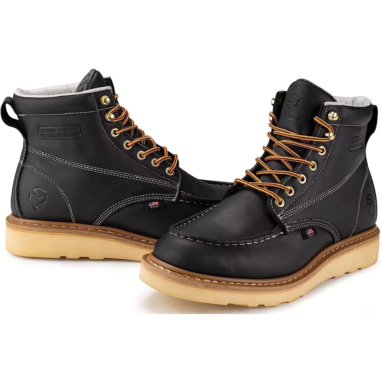 SUREWAY 6 inch Mens Wedge Moc Toe Work Boots for Men Soft Toe-Durable,Comfortable,Lightweight,Full Grain Leather,Goodyear,Non-Slip EH Safety Industial Construction Work Boots/Shoes for Men/Women