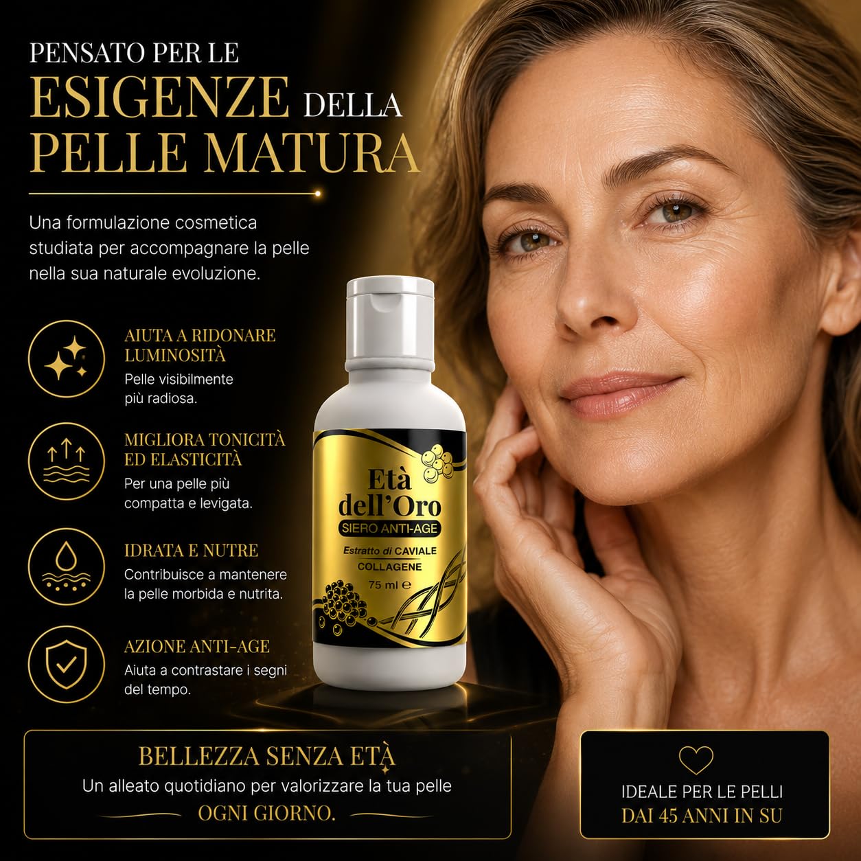 Età dell'Oro Crema Viso Antiage Oro Colloidale Caviale Collagene 225 ml | Oro colloidale, Estratto di caviale, Collagene marino, Acido ialuronico, Idratante, Rassodante, Antiage, 225 ml