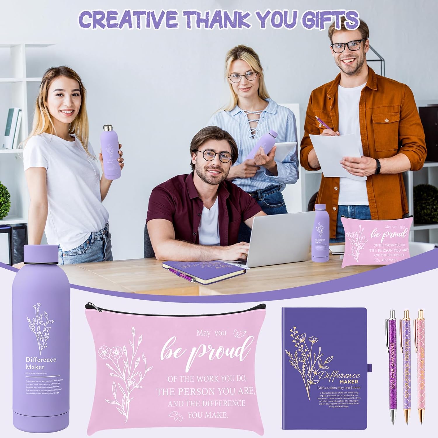 6 Pcs Difference Maker Employee Appreciation Gift Thank You Gifts Set 17 oz Stainless Steel Water Bottle Makeup Bag Leather Notebook Pen for Coworkers Teachers Christmas Gift Women(Purple) - Image 6