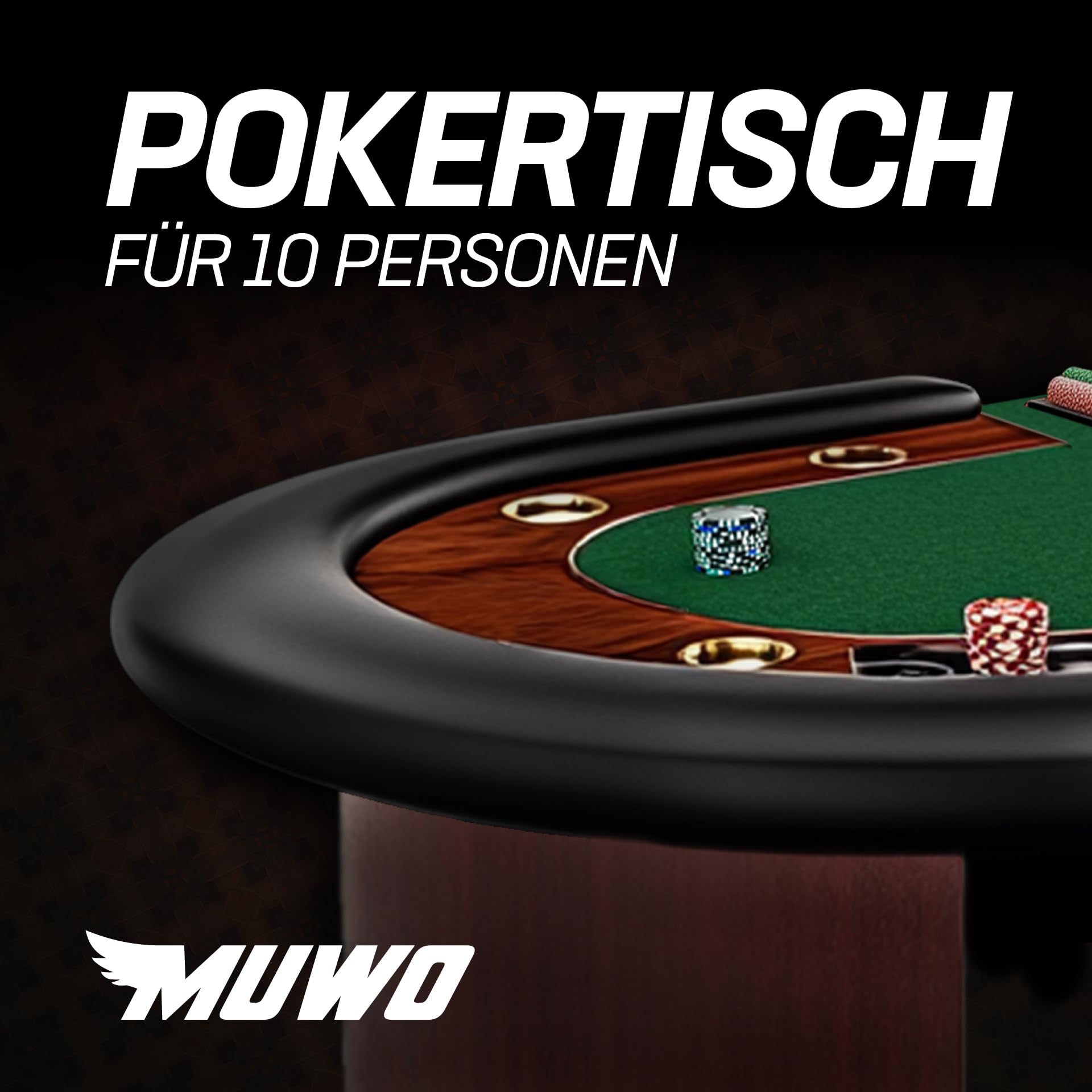 MUWO Pokertisch für 10 Spieler mit Dealerbereich, 500 Chips, Getränkehaltern aus Edelstahl, gepolsterter Armlehne und Filzoberfläche Blau