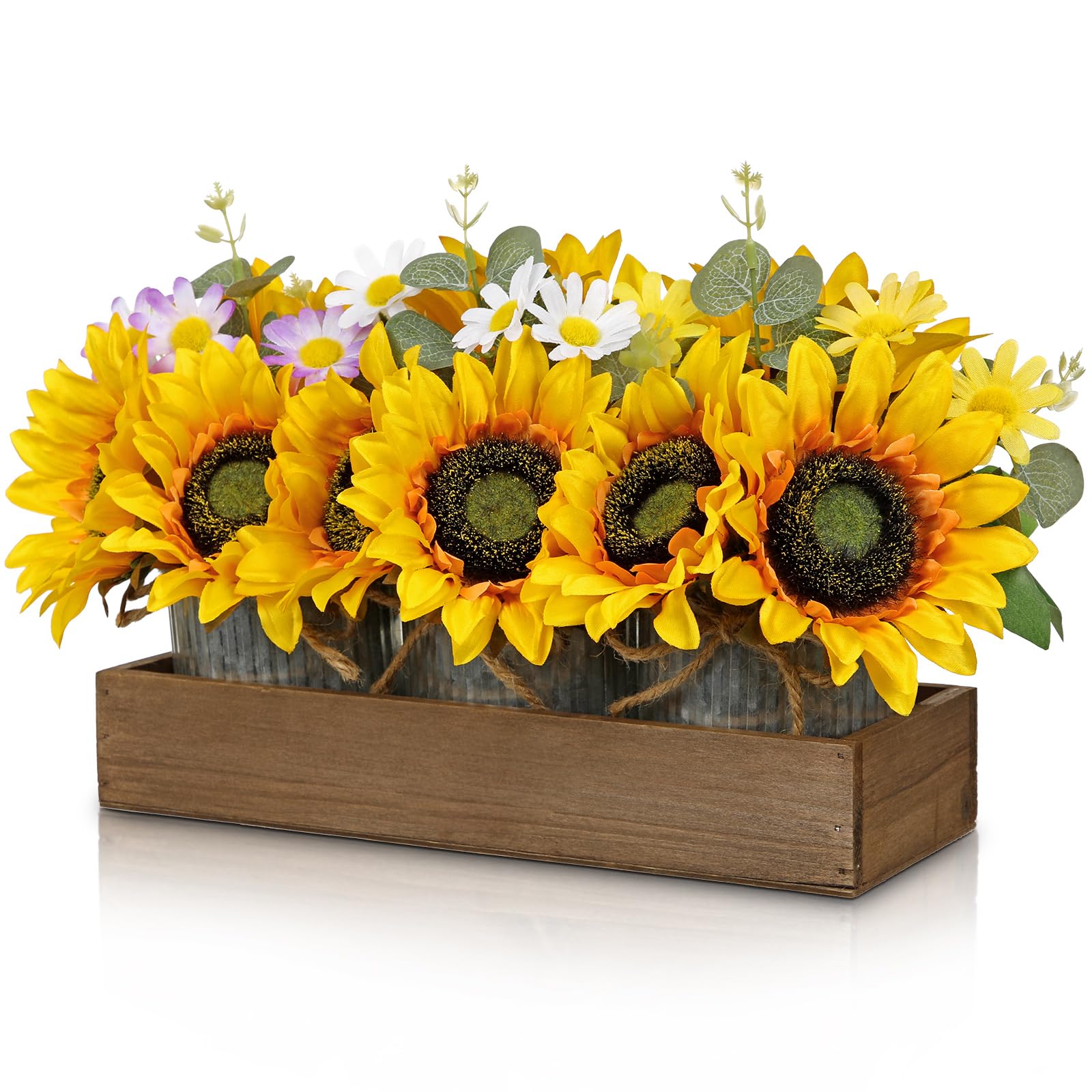 Oairse Set di 3 piccoli semi di girasole artificiali in vasi zincati, fiori artificiali con vassoio in legno, decorazione da tavolo, soggiorno, per matrimonio, decorazione per davanzale e camera da