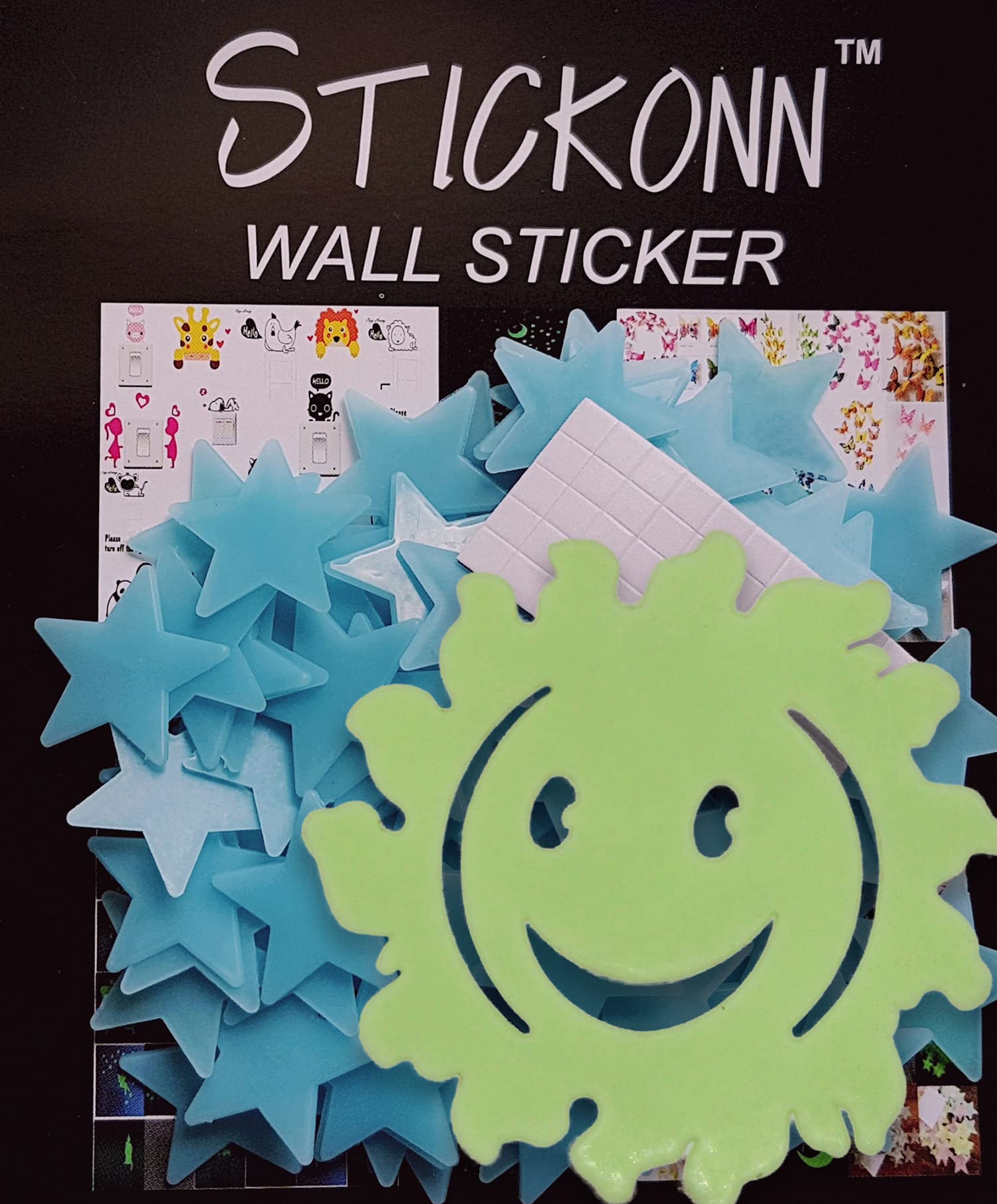 Stickonn Blue Colour Fluorescent Glow in The Dark Star Wall Sticker(75 Stars and 1 Sun, Size: 3x3 cm)