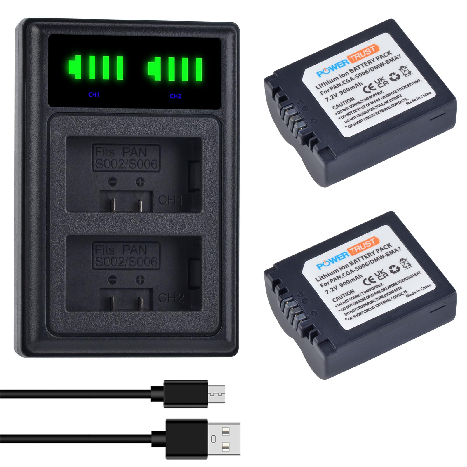 PowerTrust 2X CGA-S006 CGA-S006E Battery + Dual USB Charger for Panasonic Lumix DMC-FZ7, DMC-FZ8, DMC-FZ18, DMC-FZ28, DMC-FZ30, DMC-FZ35, DMC-FZ38,