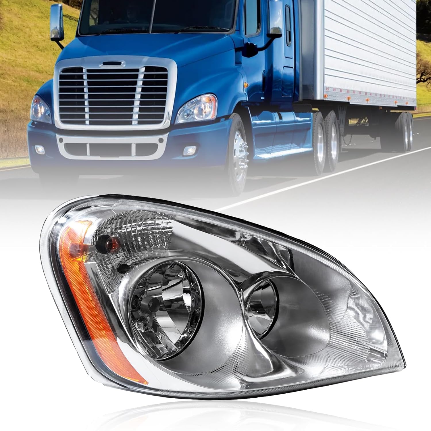 Headlights Fit For 2008-2017 Freightliner Cascadia Chrome Housing And Amber Reflector Headlamps (Right Passenger Side)