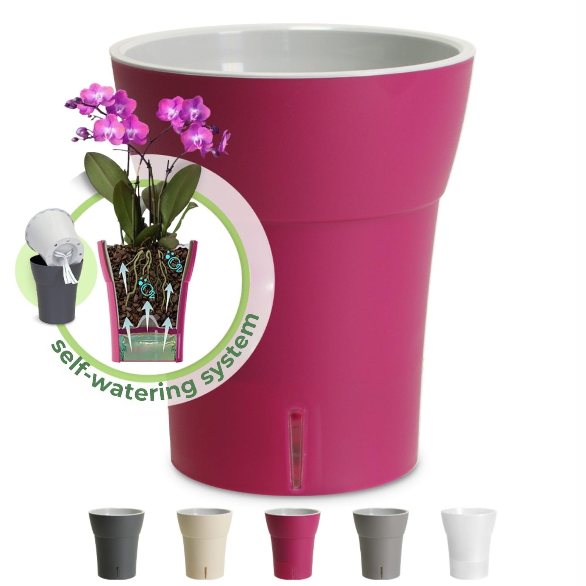 Happyplants Happy Plants DALI-DEA Clear Orchid Self-Watering Flower Pot Planter With Water Level Indicator Water Reserve And Drainage Holes (Ø12.5CM Ø15CM Ø16.5CM) (Fuschia, Ø 12.5CM - 1.25L)