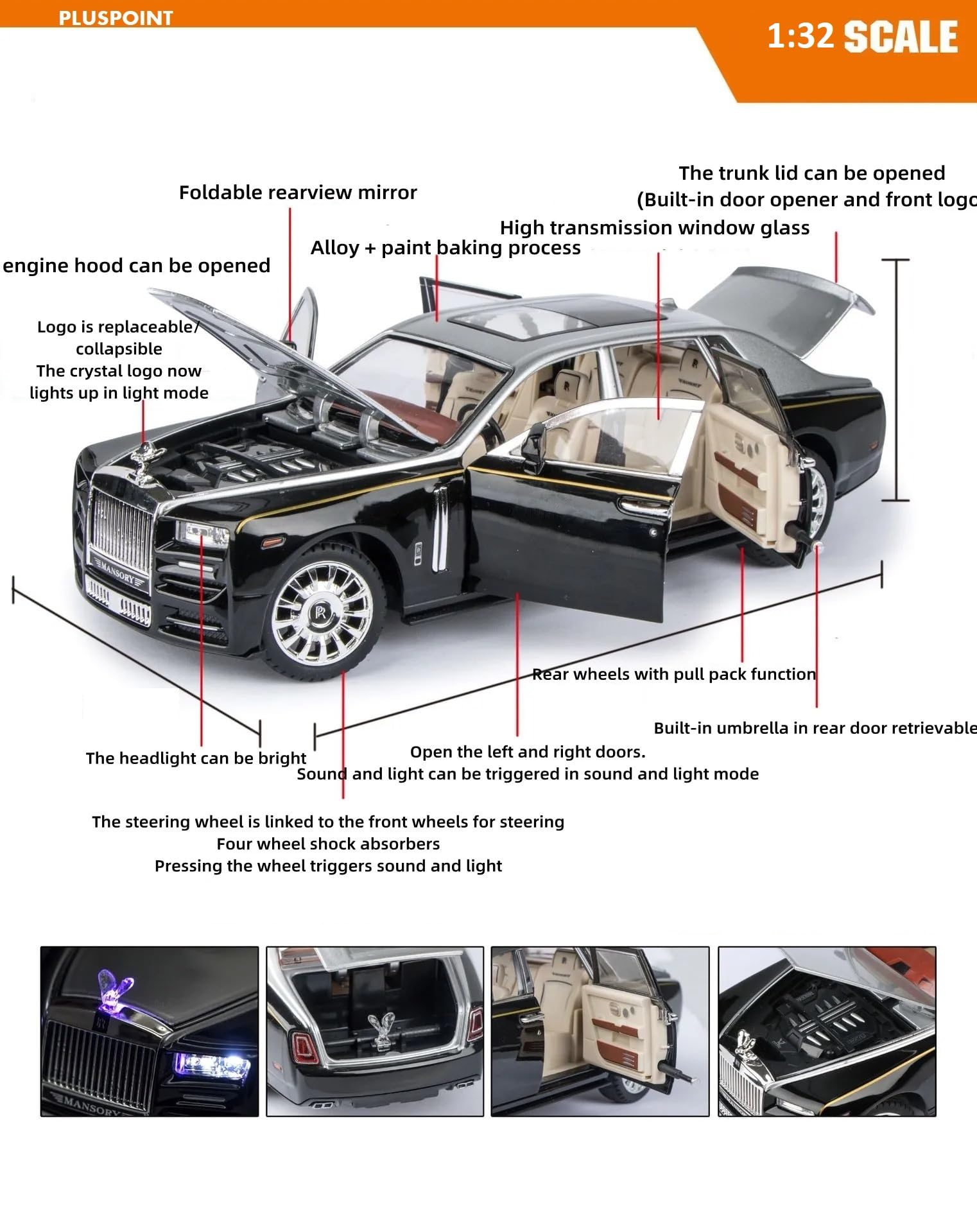 PLUSPOINT 1:32 Scale Rolls Royac Phantom Car Pull Back Vehicles Diecast Exclusive Zinc Alloy Metal Toy Model Car with Openable Door and Sound Light Gifts Toys for Kids Toddlers 2