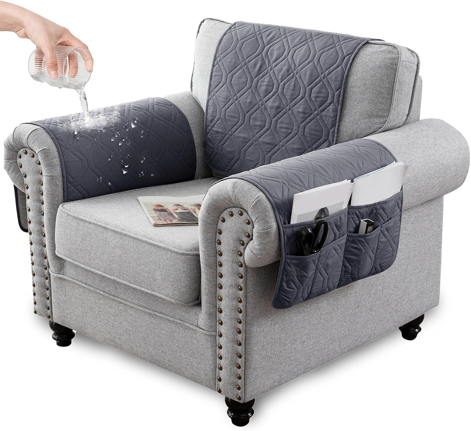 Recliner Armrest Cover with Headrest, Chair Armrest Slipcover with Side Pockets, Water-Resistant, Non Slip Furniture Protector for Pets (Grey,1 Seater 3PCS)