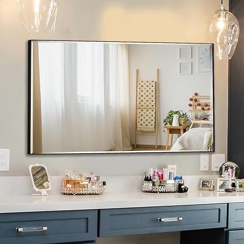 Espejo rectangular de pared con borde biselado de 24 x 32 pulgadas, espejo rectangular con marco de aluminio para baño, tocador, dormitorio, sala de