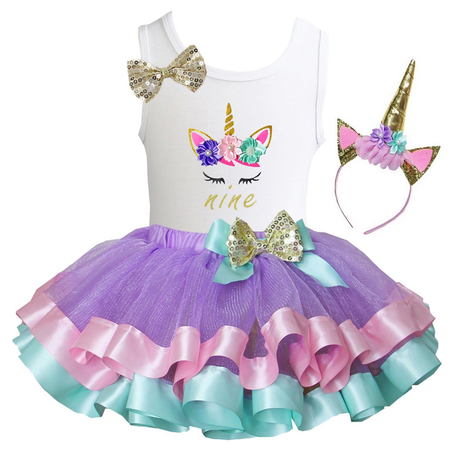 Girls Lavender Pastel Satin Trimmed Tutu & Birthday Unicorn Tee
