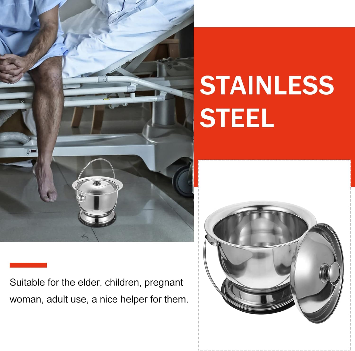 Bedpan Stainless Steel Urine Pots Chamber Pot with Lid Adult Potty Pregnant Woman Camping Toilet Large Capacity Portable Toilet for Camping Bed Pans for Females Elderly Men