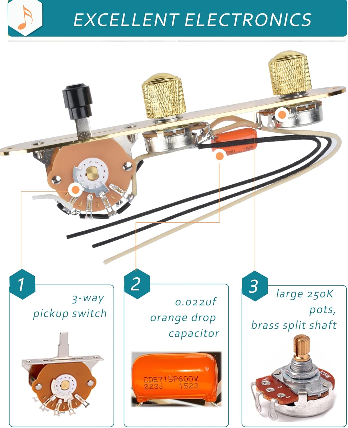 Fully Loaded Guitar Control Plate, Prewired 3-way Blade Switch Large Potentiometers Orange Capacitor, Knurled Volume Tone Controls System Fit for Guitars with Single Coil Pickups, Gold