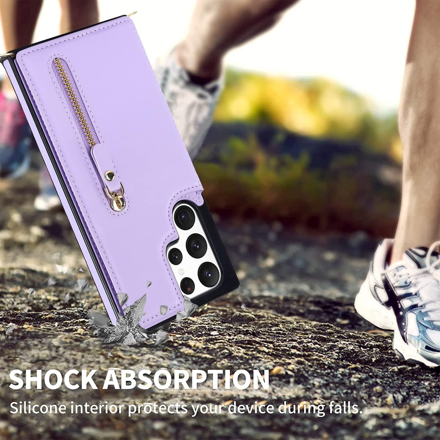 Crossbody Wallet Case for Samsung Galaxy S22 Ultra with RFID Blocking Card Slot Holder, Magnetic Flip Folio Purse Case, PU Leather Zipper Handbag with Detachable Lanyard Strap -Purple