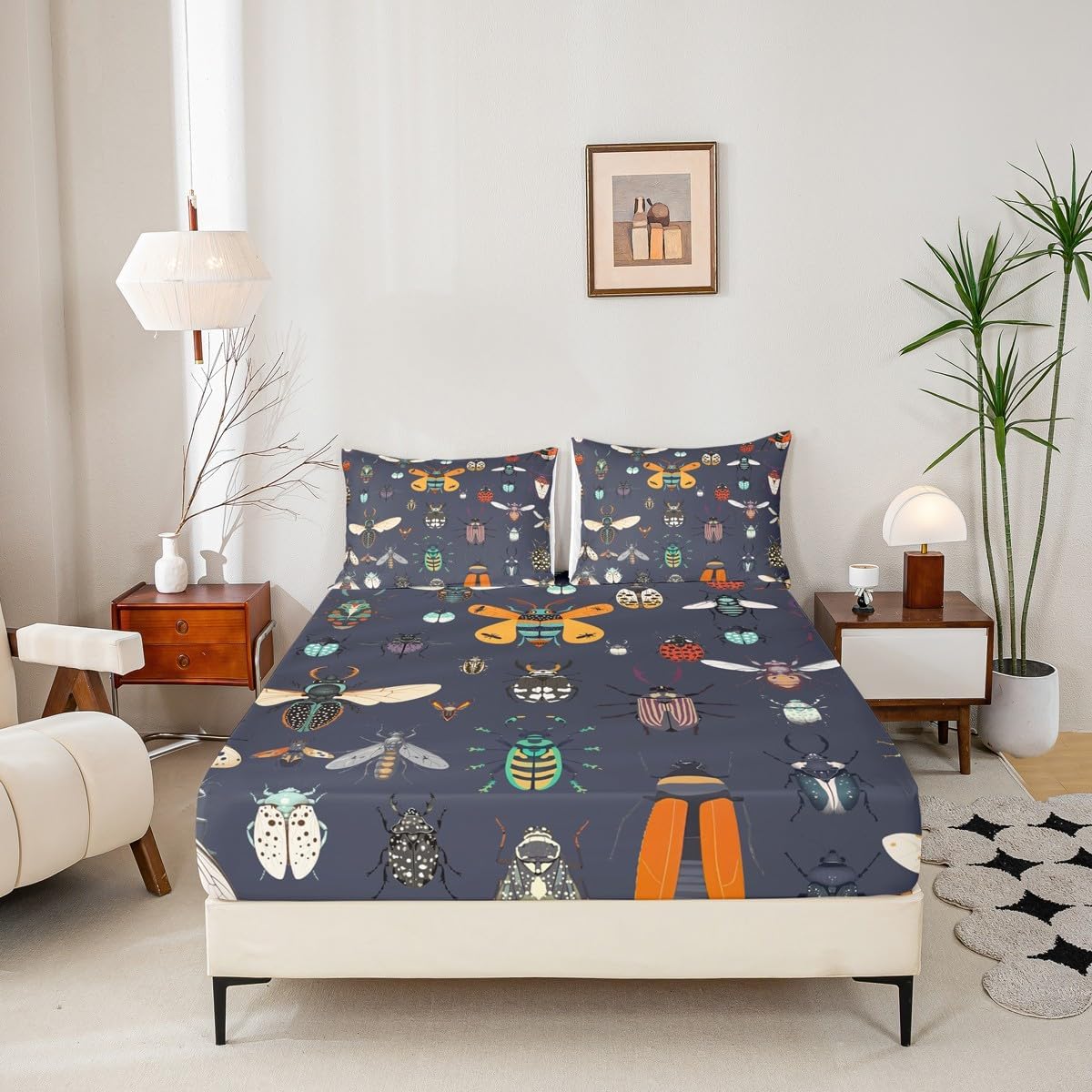 Beetles Bed Sheet Set Queen Size Cartoon Ladybug Moth Sheet Set Nature Wild Animals Sheets for Boys Girls Bedroom Dark Purple Bedding Set with Flat Sheet Fitted Sheet Pillowcase 4Pcs