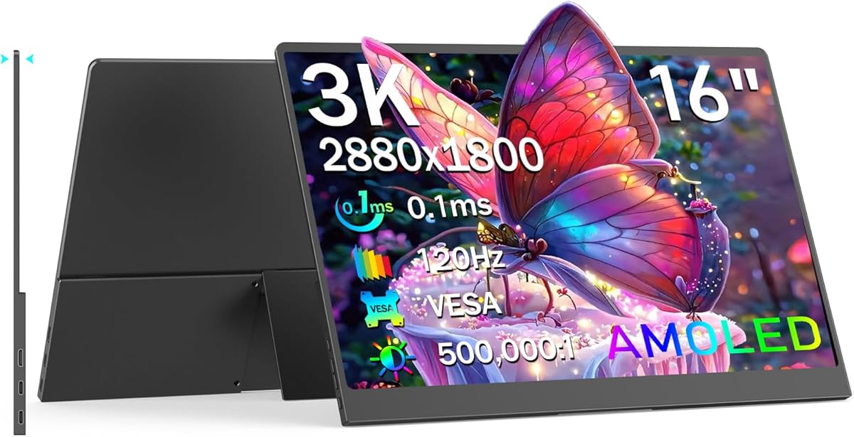 NewHail OLED Portable Monitor 16", 3K 2880x1800 120Hz 0.1ms USB-C HDMI Portable Monitor with 120% DCI-P3 Built-in Kickstand & Speakers for Laptop Windows Mac Phone Switch PS5, Black : Electronics