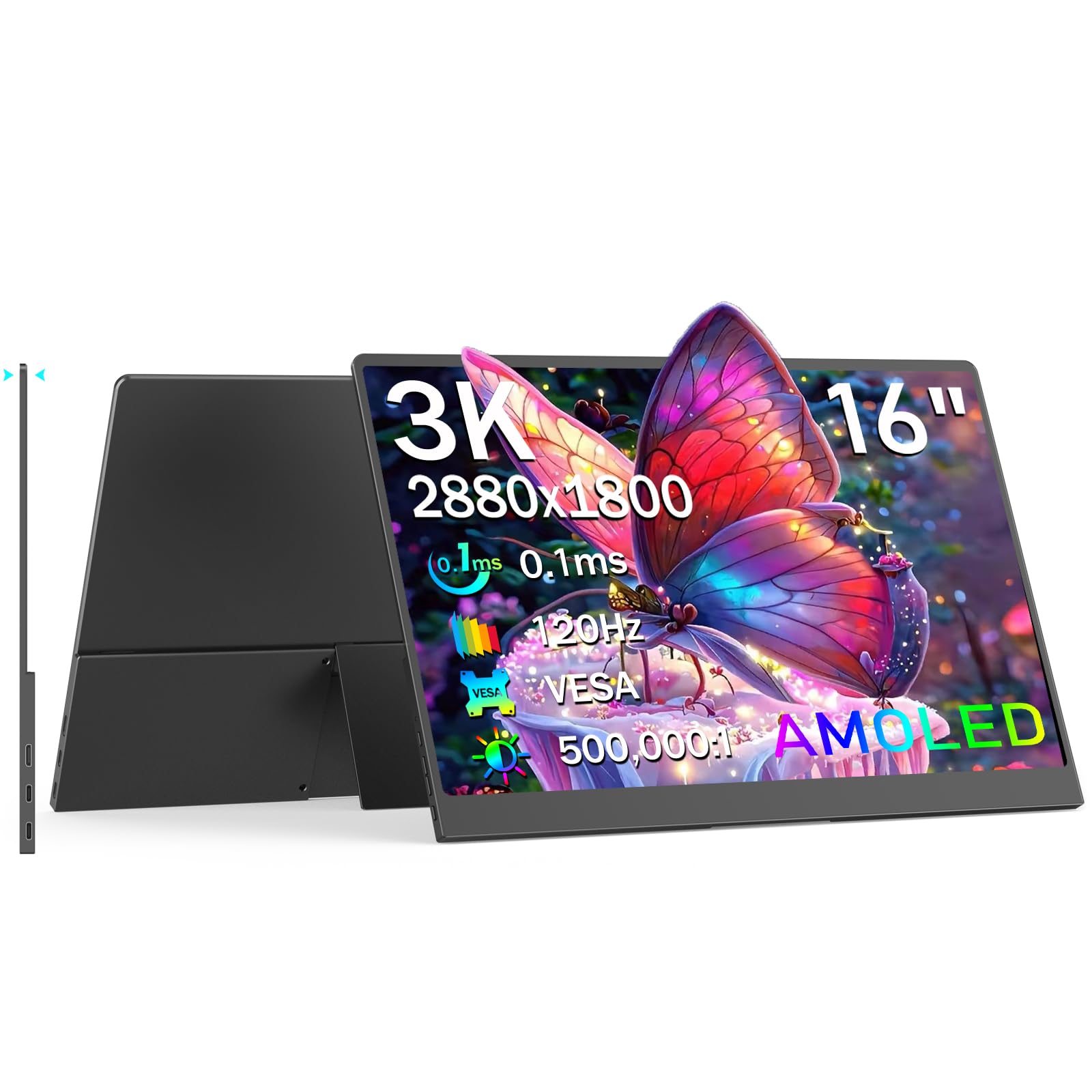 Newhail 16" OLED Portable Monitor, 3k 2880x1800 120hz 0.1ms Portable USB Monitor - C hdml, with Built-in Stand and 120% DC Speakers - p3, for Windows Mac Phone ps5 Laptops, Black