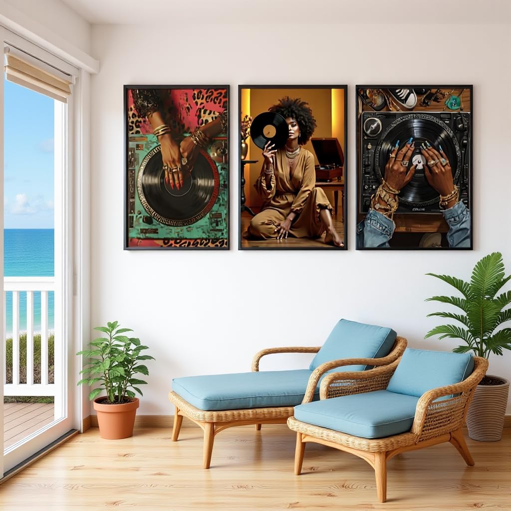 3 Pcs Fashion Black Woman Wall Art Trendy Abstract Black Girl Canvas Poster Prints Pictures Paintings with Record Player Music Theme for Living Room Bedroom Wall Decor Unframed