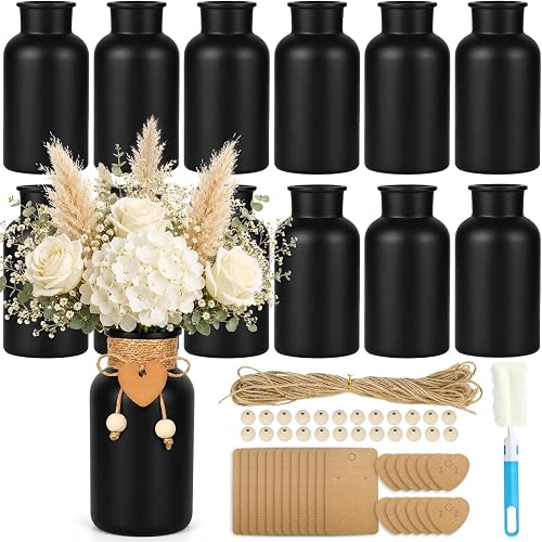 TBWIND Vintage Glass Flower Vase, 12PCS Farmhouse Black Mason Jar Vases | Glass Centerpiece Bud Vases Matte Mason Jars in Bulk with DIY Accessories for Wedding Party Table Decorations Home Decor