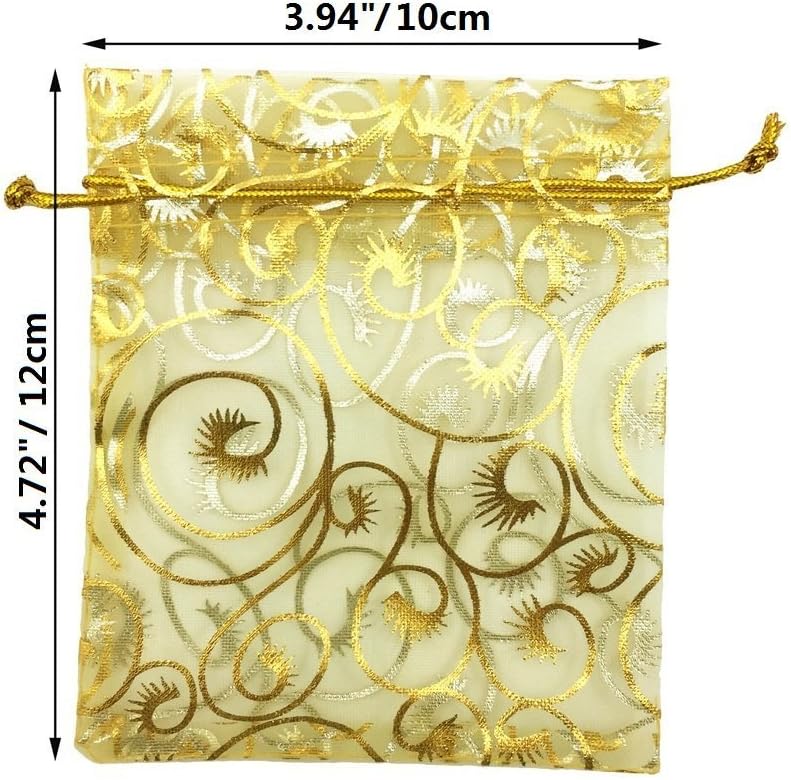 YYaaloa 100PCS Mini Sheer Organza Bags, Drawstring Chic Gift Beauty Bags, Wedding Favor Bags Candy Jewelry Gift Bags (Gold, 4 x 4.72 Inches) - Image 3