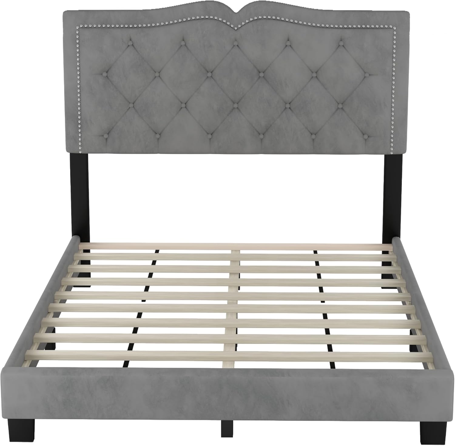 Full Size Upholstered Bed Frame with Rivet Design, Modern Velvet Platform Bed with Tufted Headboard, Gray, 58.2W x 81.1D x 47.5H in