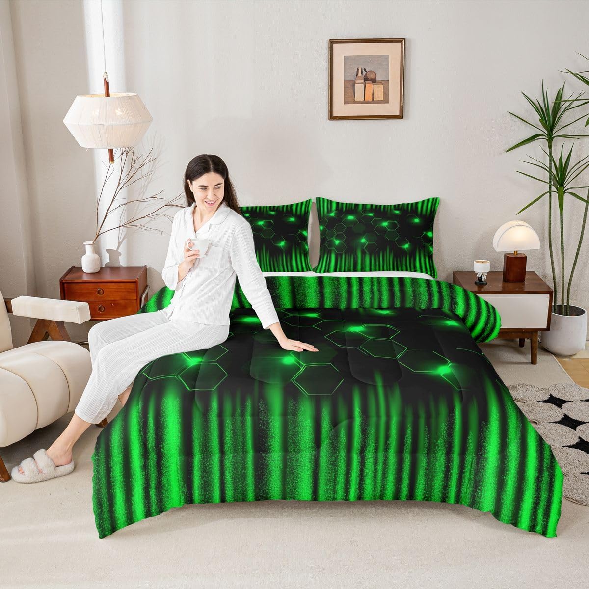 Feelyou Green Black Bedding Set Full Size Honeycomb Comforter Set for Kids Boys Girls Decor Ombre Geometrical Comforter Modern Duvet Set Bedroom Quilt Set