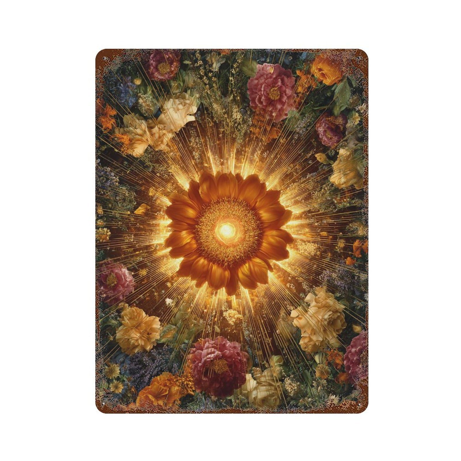 Golden Flower Burst 15.7"x11.8" Retro Metal Sign, Shabby Chic Decor for Garage, Bar And Workshop Decor