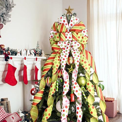 Miniatura 12 de Decoración para árbol de Navidad, lazo grande rojo para árbol de Navidad, arpillera con borde de poliéster blanco, lazos de regalo para adorno