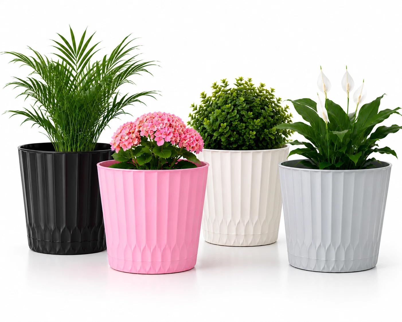 Muddy Hands Pack of 4 Small Plant Pots with Clip-On Saucers 1 Litre Plastic Flower Pots 12cm Indoor & Outdoor Planters for Herbs, Succulents, Cacti & Houseplants with Drainage Holes